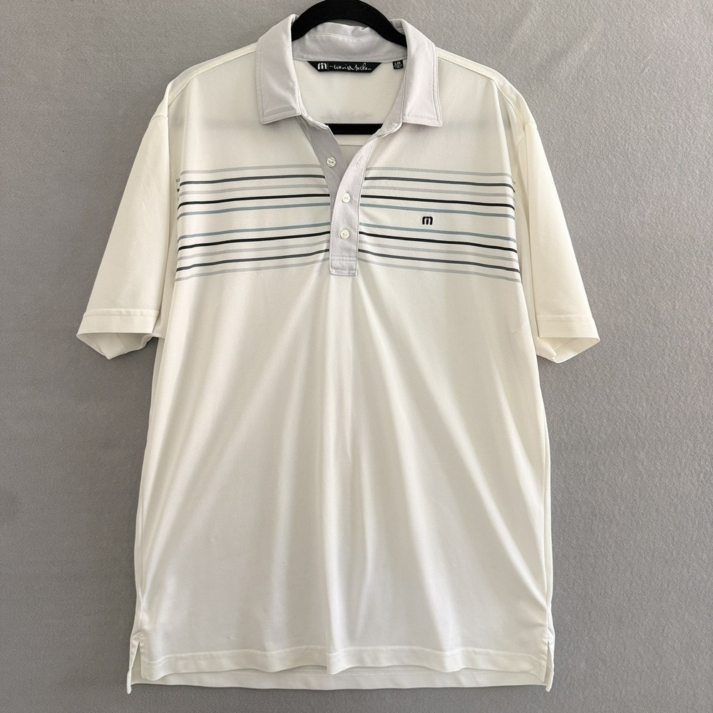 Travis Mathew Shirt Mens L White Golf Polo Short Sleeve Button Collar Stripe